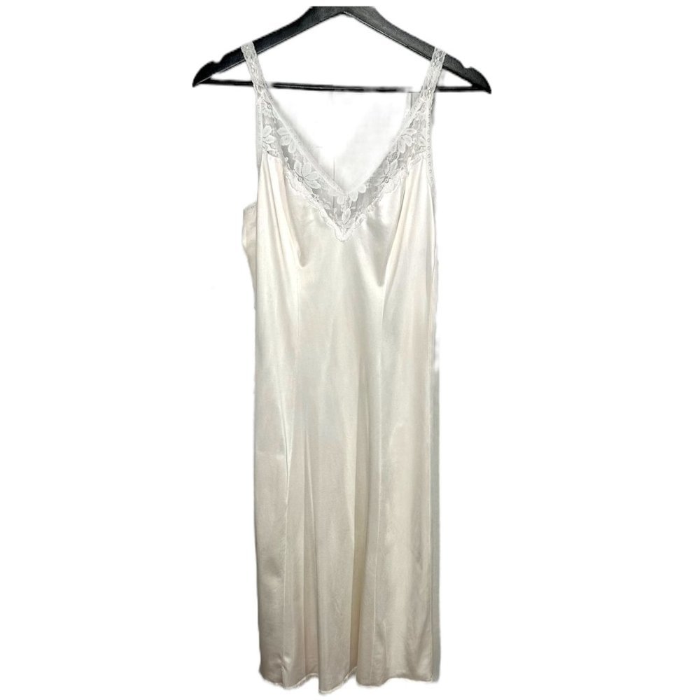 Vintage 90s Off White Lace Trim Nylon Blend Knee Length Slip Medium